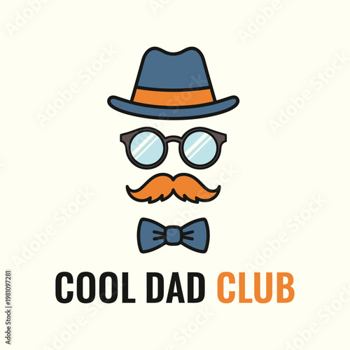 Cool dad emblem featuring blue fedora hat glasses orange mustache and bowtie on light background representing stylish fatherhood for greeting cards apparel design and holiday decorations.