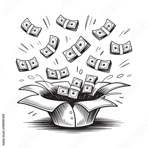 Money bursting from an open gift box in a vintage style illustration