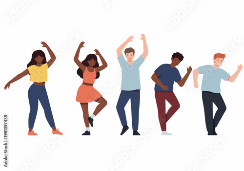A group of diverse young people dancing and having fun together in a flat illustration style, expressing joy and celebration.
