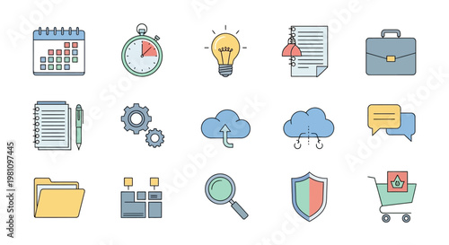 Business icons and office supplies.