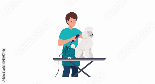 Professional male pet groomer trimming a cute white poodle on a grooming table using electric clippers in a pet salon vector illustration