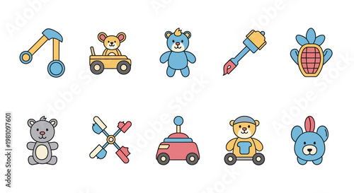 Colorful toy animals and vehicles for kids.