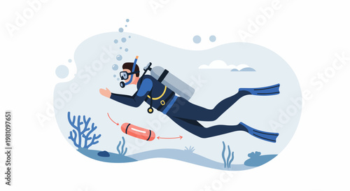 Flat vector illustration of a scuba diver exploring the underwater world with diving gear, coral reefs, and oxygen tank in a blue ocean.