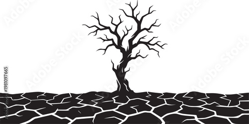 Dead Tree in Cracked Dry Land Desert Landscape Silhouette