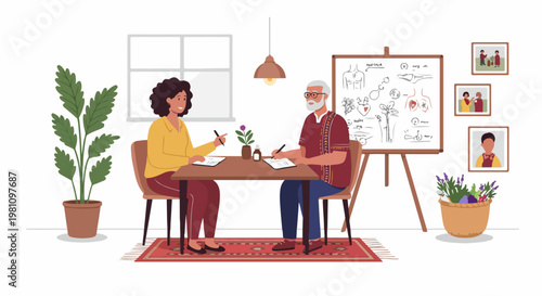 Traditional healer providing a consultation to a young woman in an office with anatomical diagrams, herbal plants, and cultural artifacts.