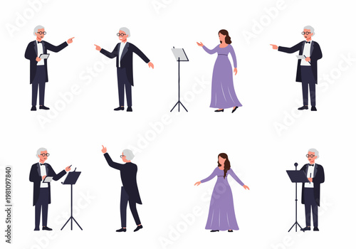 Collection of orchestra conductor and opera singer vector illustrations in various professional poses isolated on a white background.