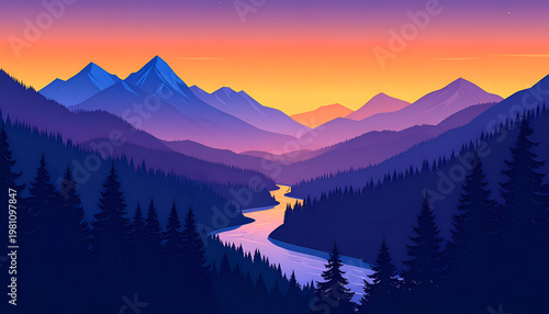 A vibrant, stylized landscape depicts a winding river flowing through a valley surrounded by majestic mountains under a colorful sunset.
