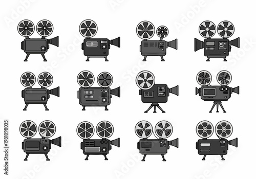 Set of Vintage Film Movie Camera Illustrations in Grayscale Style