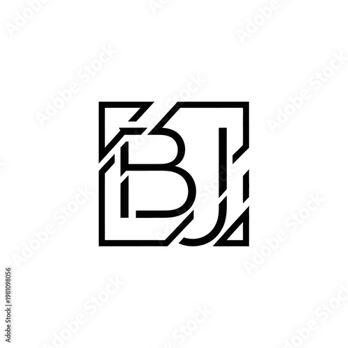 Modern BJ Letter Logo with Abstract Geometric Lines in a Square Frame, Isolated White Background