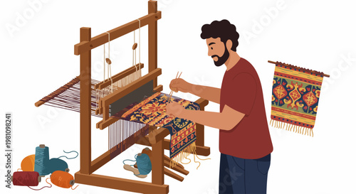 Flat vector illustration of an artisan man weaving a traditional patterned rug on a wooden loom with colorful yarn spools nearby.