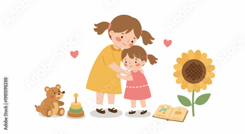 A heartwarming illustration of an older sister comforting and hugging her sad little sister, surrounded by toys like a teddy bear and sunflower.
