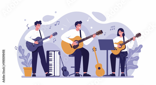 Group of Three Young Musicians Playing Acoustic Guitars Together in a Flat Vector Illustration Style