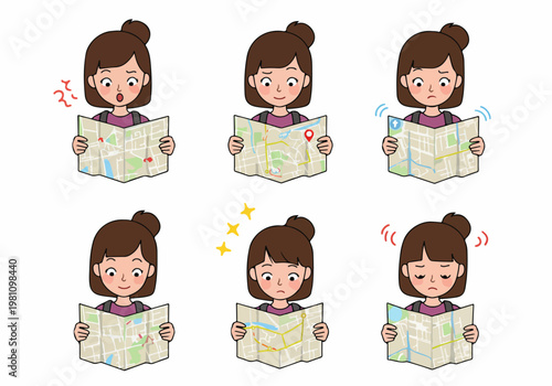 Set of cartoon illustrations of a young female traveler holding a map with various facial expressions showing confusion, happiness, and realization while navigating.