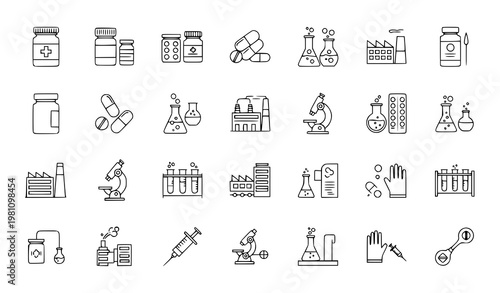 Medical factory pharmaceutical and laboratory thin line icon set with healthcare research production and science outline symbols