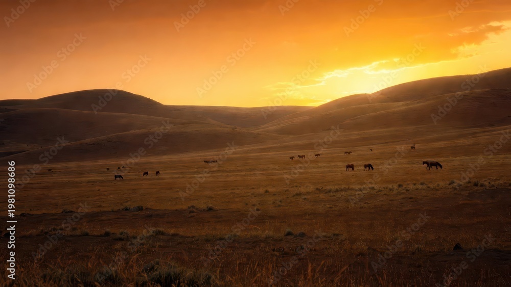 Fototapeta premium Serene Sunset Over Rolling Hills with Horses Grazing in Field