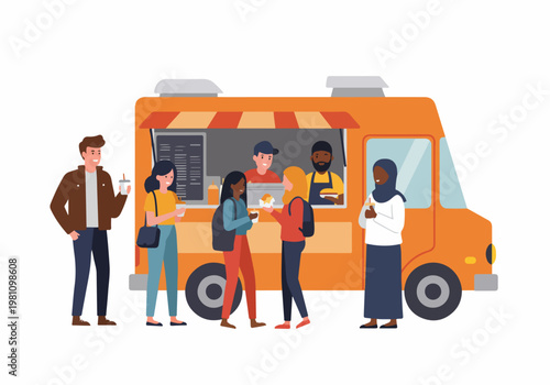 Diverse Group of People Buying Street Food and Drinks from a Modern Orange Food Truck Illustration