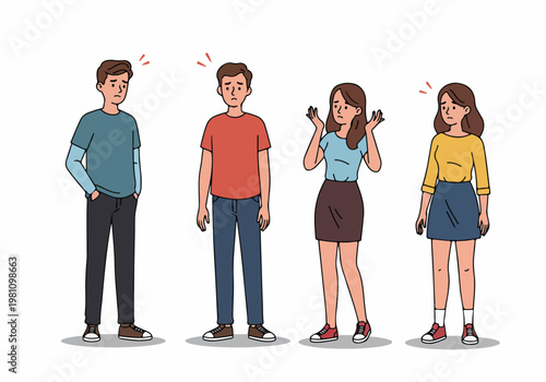 Vector illustration of four diverse young men and women standing with sad and confused expressions, depicting negative emotions and disappointment.