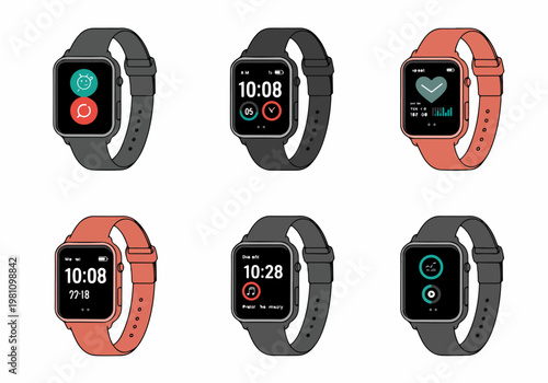 Set of vector smartwatch illustrations featuring different digital interfaces, including clock, heart rate, and music player screens in black and coral colors.
