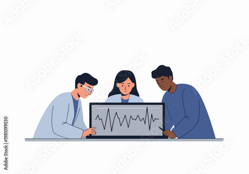 Diverse group of healthcare professionals or scientists closely monitoring and analyzing a heartbeat waveform on a digital screen in a laboratory setting.
