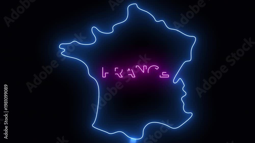 A neon glowing outline of France with bright blue edges and a vivid pink title. The futuristic style and dark background create a bold, modern visual ideal for tech themes, geography
