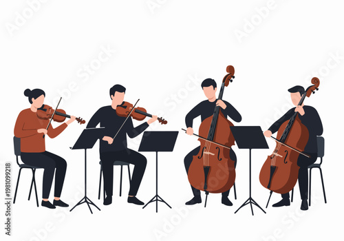 Flat Illustration of a String Quartet of Musicians Playing Violins and Cellos During a Performance on a White Background