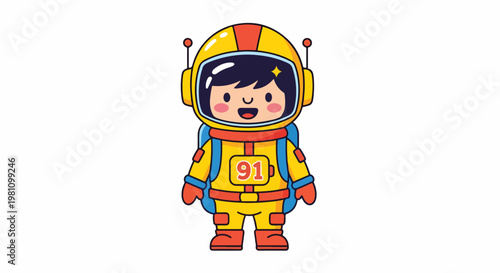 Adorable cartoon illustration of a smiling astronaut in a yellow spacesuit on white background