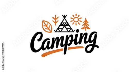 Camping logo with tent leaf tree sun and orange accents