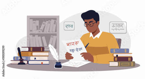 Flat illustration of a man with glasses studying Indian language script and law in a library surrounded by books and writing tools.