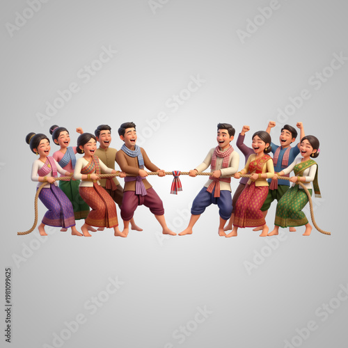 Happy people in traditional Southeast Asian clothing playing a joyful spirited tug of war game