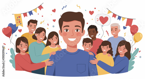 A diverse group of happy family and friends celebrating together with balloons, confetti, and festive decorations for a special occasion.