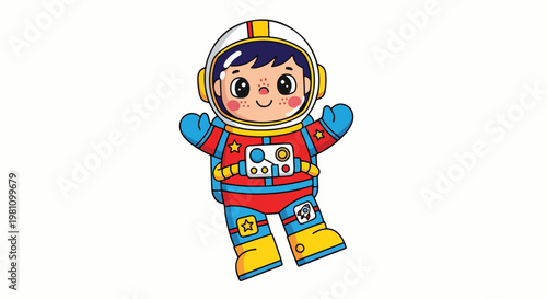 Adorable cartoon illustration of a child astronaut floating in space with helmet and suit