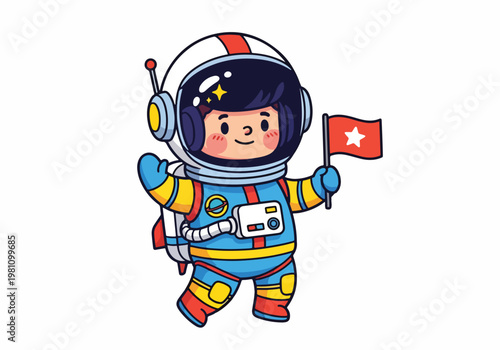 Adorable cartoon astronaut with flag waving and exploring the vastness of space happily