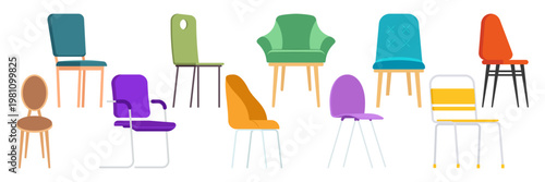 Colorful Modern Chair and Armchair Furniture Flat Illustration Collection Set