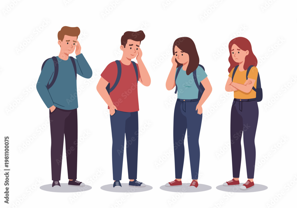 Fototapeta premium Group of Tired and Stressed Young Students with Backpacks Feeling Exhausted and Unhappy, Isolated Flat Vector Illustration