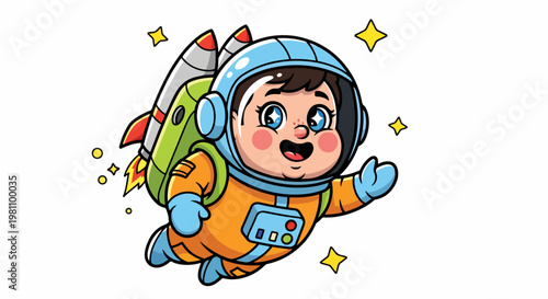 Adorable cartoon astronaut with a rocket pack floating in space with sparkling stars around