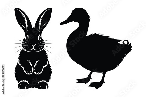 Black silhouette of a rabbit and a duck facing away with wildlife, silhouette