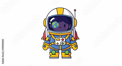 Adorable cartoon astronaut with a globe reflected in the helmet visor illustration