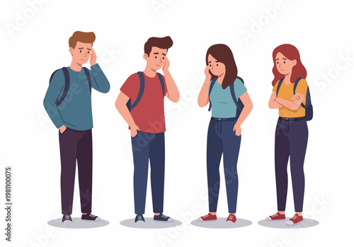 Group of Tired and Stressed Young Students with Backpacks Feeling Exhausted and Unhappy, Isolated Flat Vector Illustration