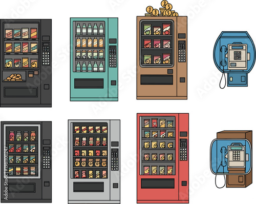 Vending machines and payphones collection, colorful snack and drink dispensers with coin payment and blue phone booths illustration for retail, communication, urban design, and technology 