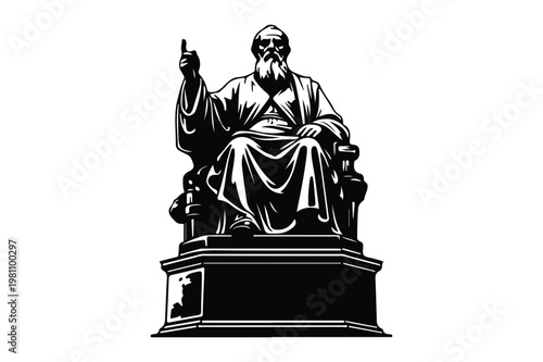 Monochromatic illustration of a wise old man seated on a throne, pointing finger