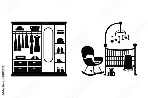 Bedroom wardrobe closet with clothes and baby nursery crib with rocking chair