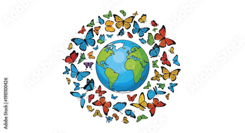 Fotografi Butterflies Around The Earth Globe.