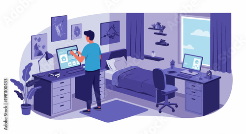 A man working in a modern home office bedroom with digital technology, flat vector illustration in a blue and purple color scheme.