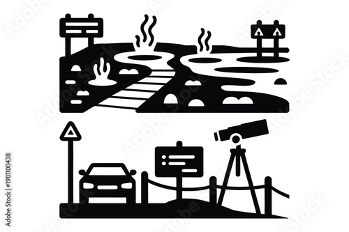 Geothermal landscape with hot springs and scenic overlook with telescope and car