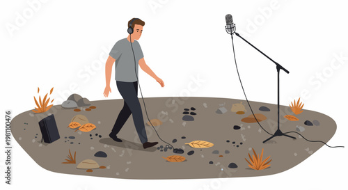 A man recording foley sound effects by walking on a rocky path with dry leaves, using a professional microphone and headphones.