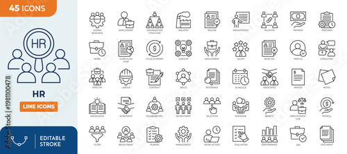 Human resources icon set. Contain icons related to recruitment, hiring, interview, candidate, employee, workforce, management, job and more. editable stroke. Vector illustration