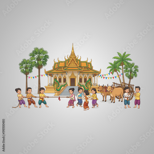 Cartoon Illustration of Children Celebrating Traditional Khmer New Year with Games and Cultural Temple Backdrop