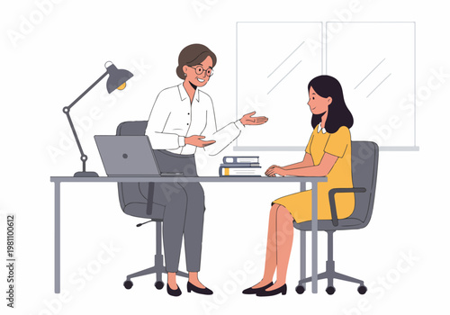 Flat vector illustration of a professional mentor or teacher talking to a young woman at a desk with a laptop and books.