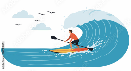 Vector illustration of a man stand-up paddleboarding on a massive ocean wave under a cloudy sky with flying birds.