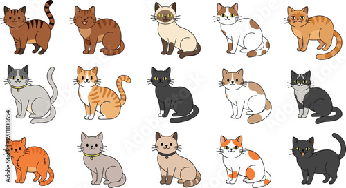 Hand Drawn Cat Breed Vector Set Featuring Siamese Tabby and Calico Kittens in Various Poses and Expressions for Nursery Decor and Pet Care Graphic Designs